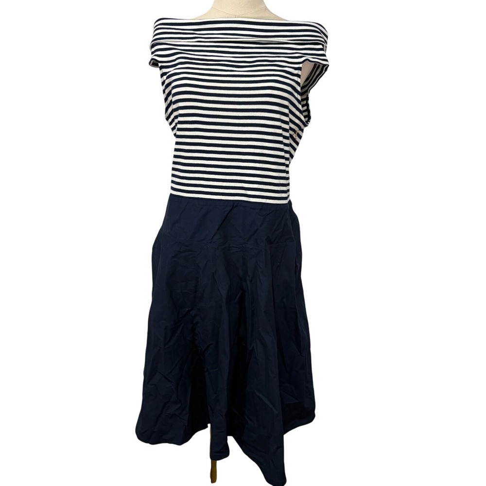 Lauren Ralph Lauren 100% Cotton Navy White Stripe Off The Shoulder Midi Dress